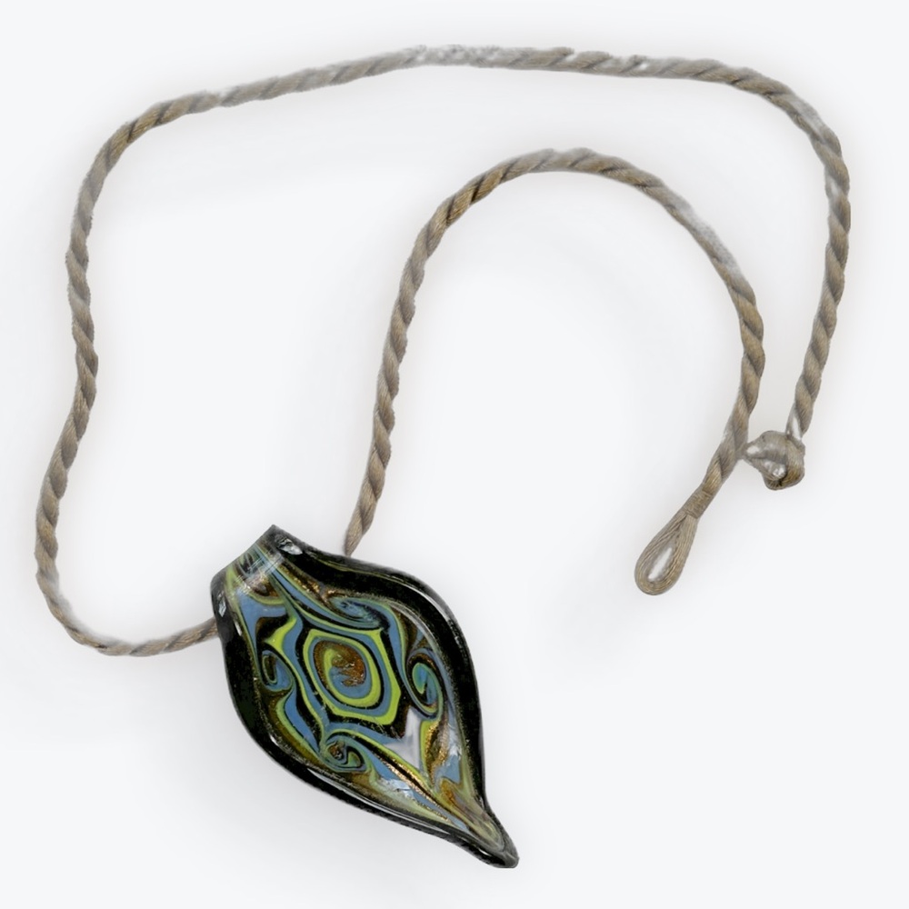 Boho Artisan Witchy Periwinkle Lime Black Glass Swirl Pendant On Twisted Cord